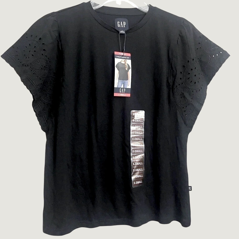 Gap Eyelet Sleeve Top Womens XS True Black Embroidered Flutter Sleeve New NWT